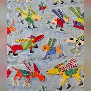Nancy Wolff Fabric 1 Yard Ice Skating Dogs Cats Winter OOP Rare